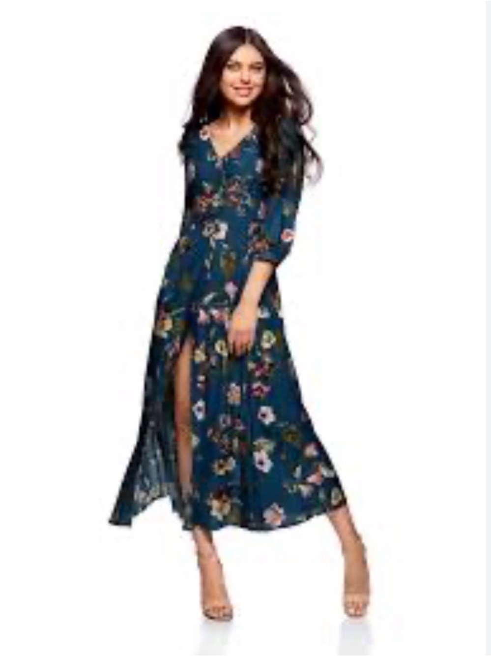 Blue OODJI ultra Floral V-Neck Maxi Dress with Front Slit